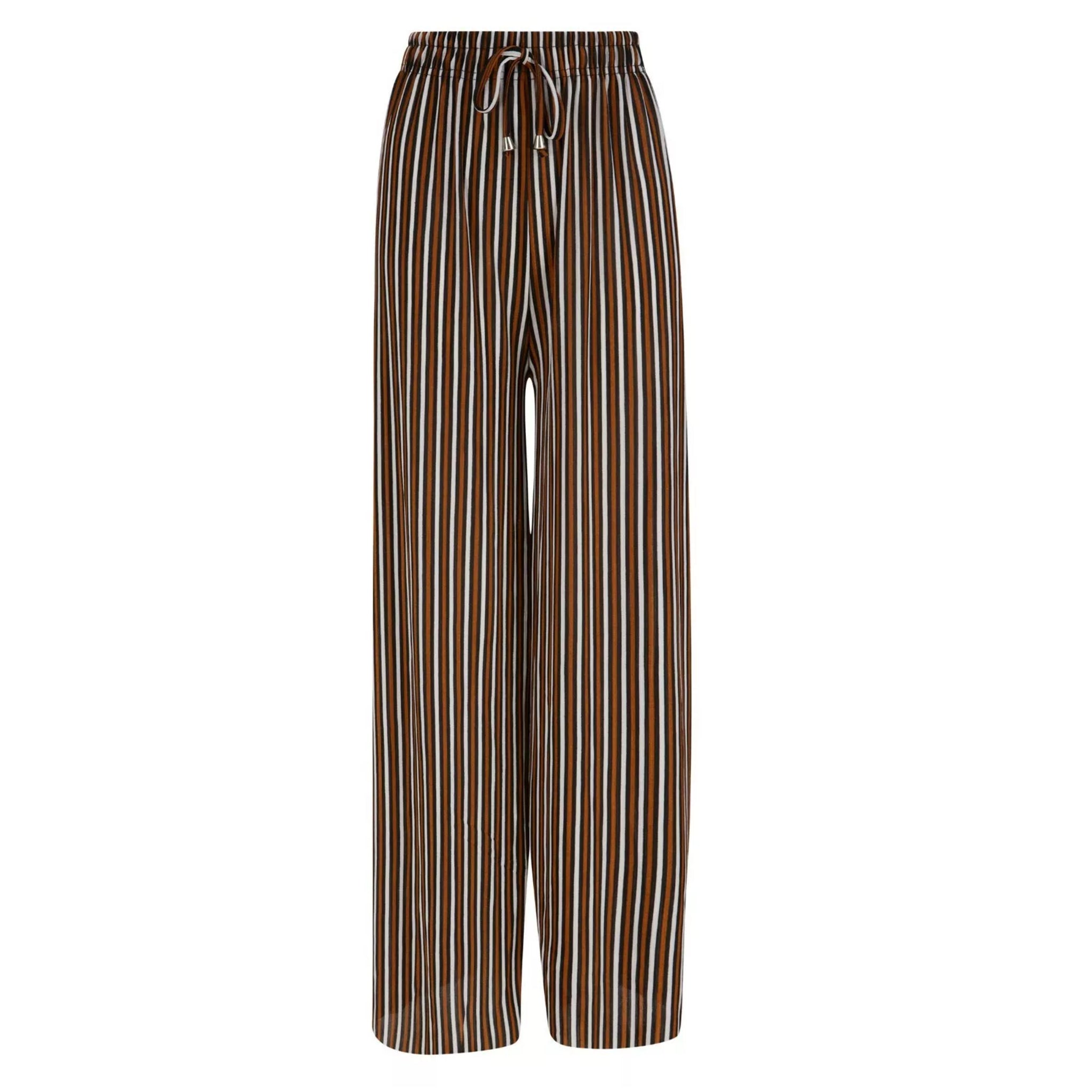Women’s black and brown striped harem palazzo trousers with drawstring waist.